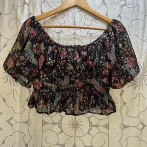 Angie Women’s Black Floral Metallic Crop Blouse Puff Sleeve Size M